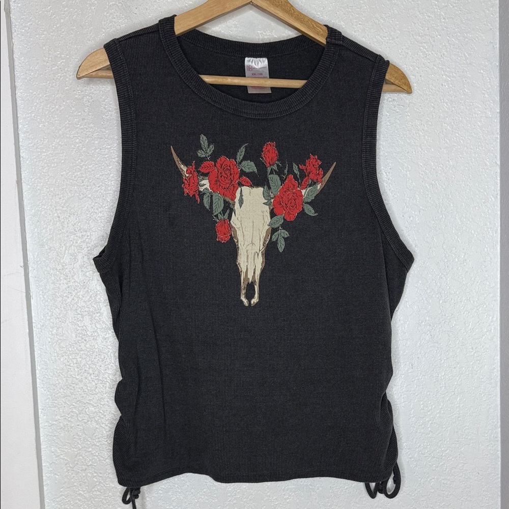 No Boundaries Floral Skull Boho Western Tank Top Black XXL lace up Ruched Sides